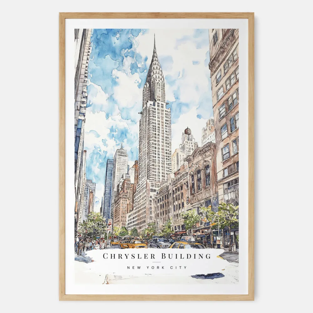 Chrysler Building Watercolor Art Print - Main - Wood Frame Chrysler Building Watercolor Art Print - Main - Wood Frame