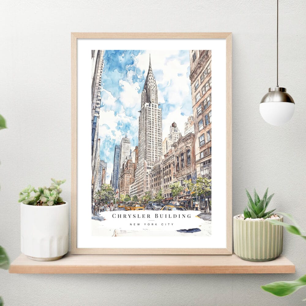 Chrysler Building Watercolor Art Print on shelf Chrysler Building Watercolor Art Print on shelf