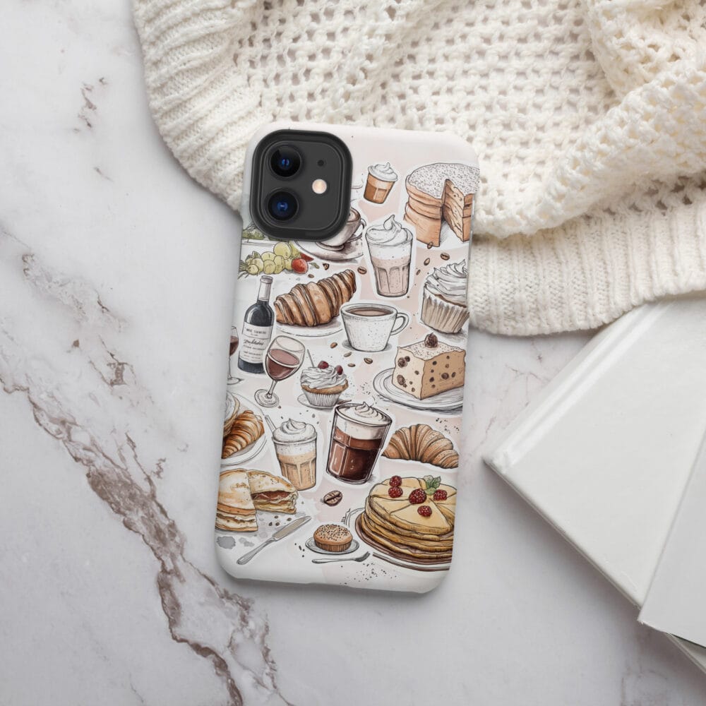 Cute-French-themed-Phone-Case-with-French-Food- on table Cute-French-themed-Phone-Case-with-French-Food- on table