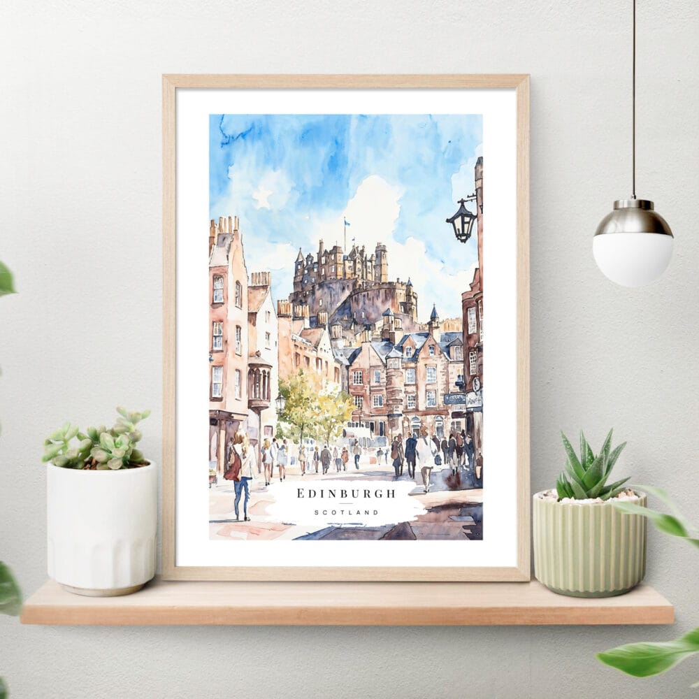 Edinburgh Castle watercolor Art Print on shelf Edinburgh Castle watercolor Art Print on shelf