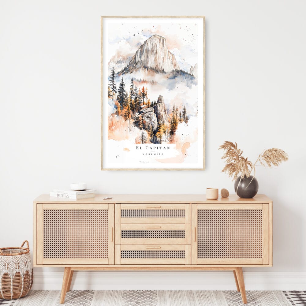 El Capitan Yosemite Watercolor Art Print - Shelf - Portrait El Capitan Yosemite Watercolor Art Print - Shelf - Portrait