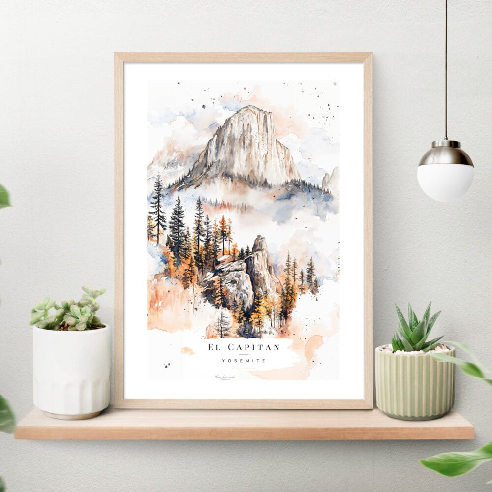 El Capitan Yosemite Watercolor Art Print on shelf El Capitan Yosemite Watercolor Art Print on shelf