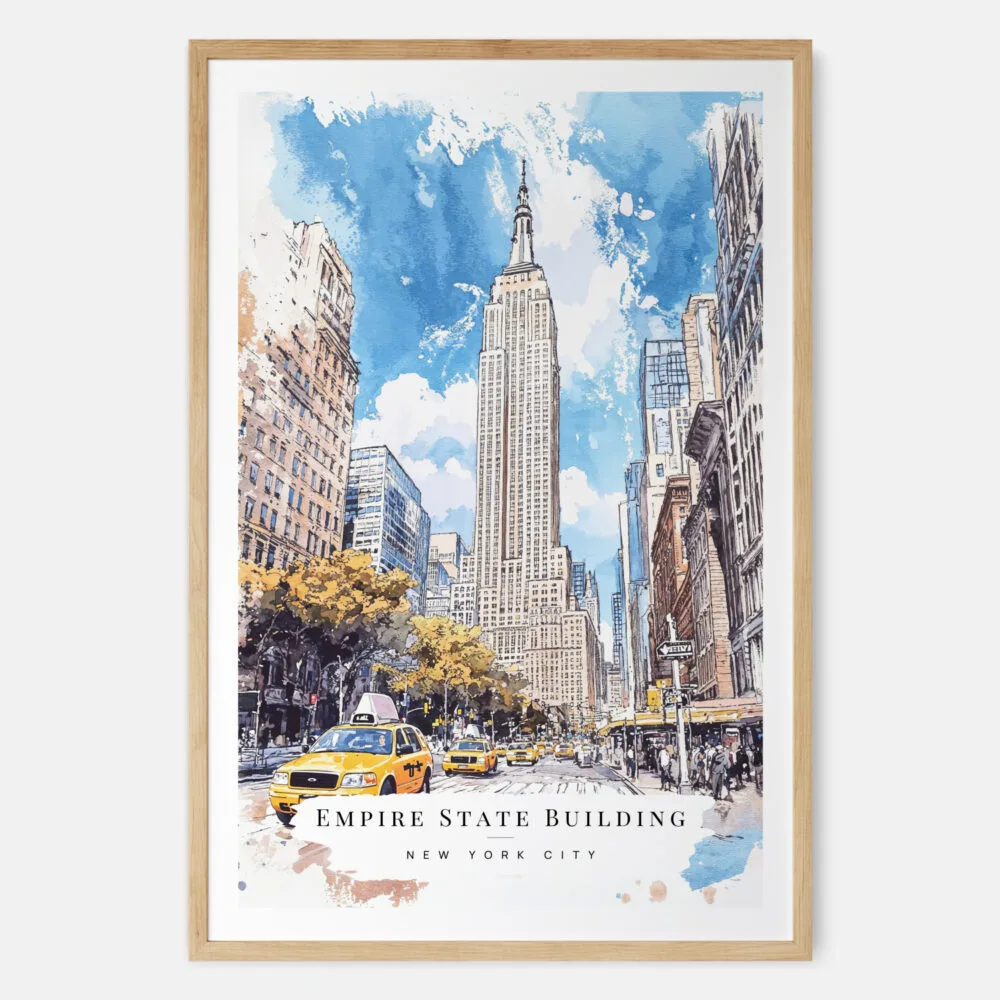 Empire State Building Watercolor Art Print - Main - Wood Frame Empire State Building Watercolor Art Print - Main - Wood Frame