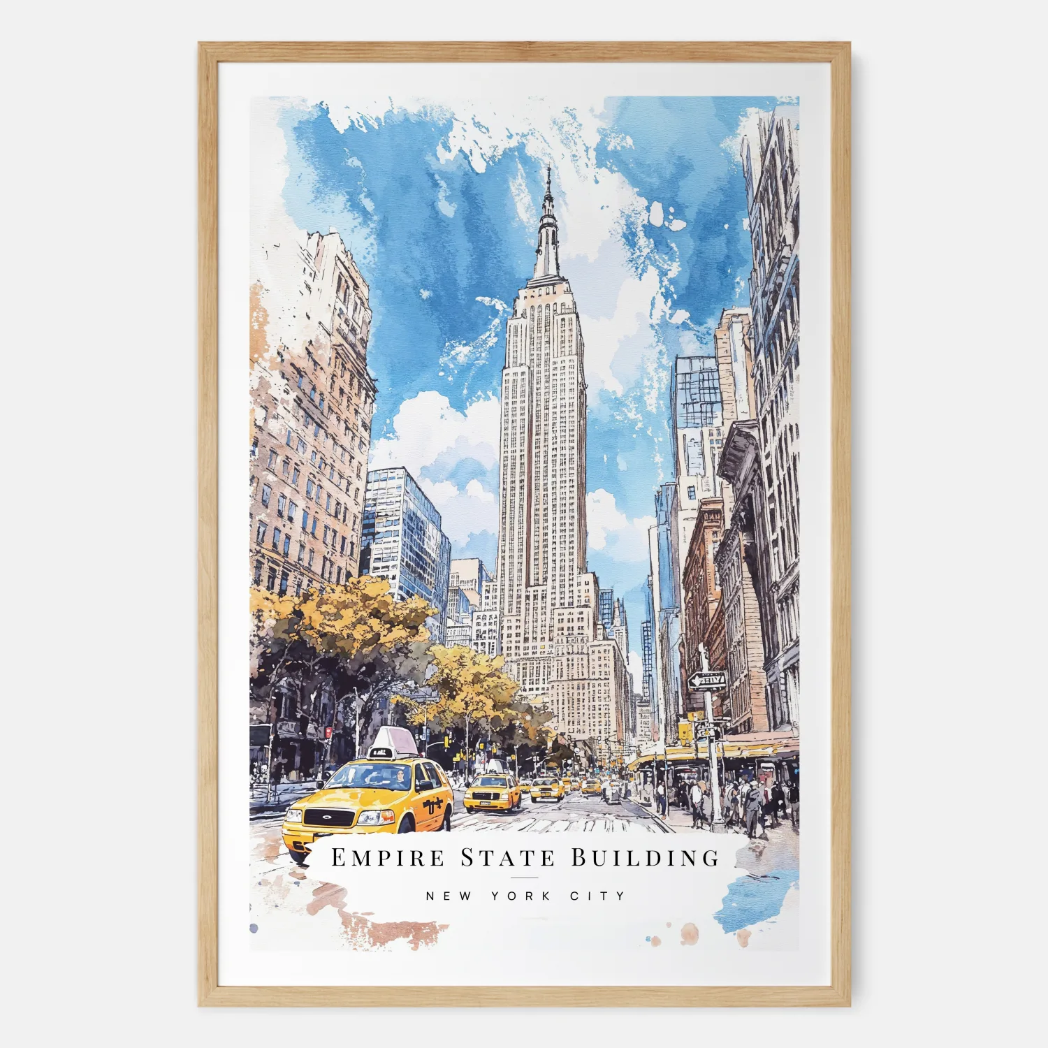 NYC Empire State Building Watercolor Art with Yellow Cap - Art Print
