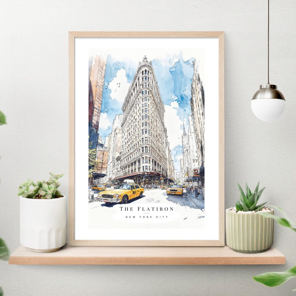 Flatiron Building Watercolor Art Print on shelf Flatiron Building Watercolor Art Print on shelf