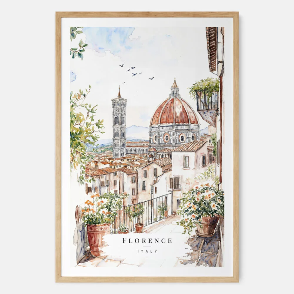Florence Italy Watercolor Painting Art Print - Main - Wood Frame Florence Italy Watercolor Painting Art Print - Main - Wood Frame