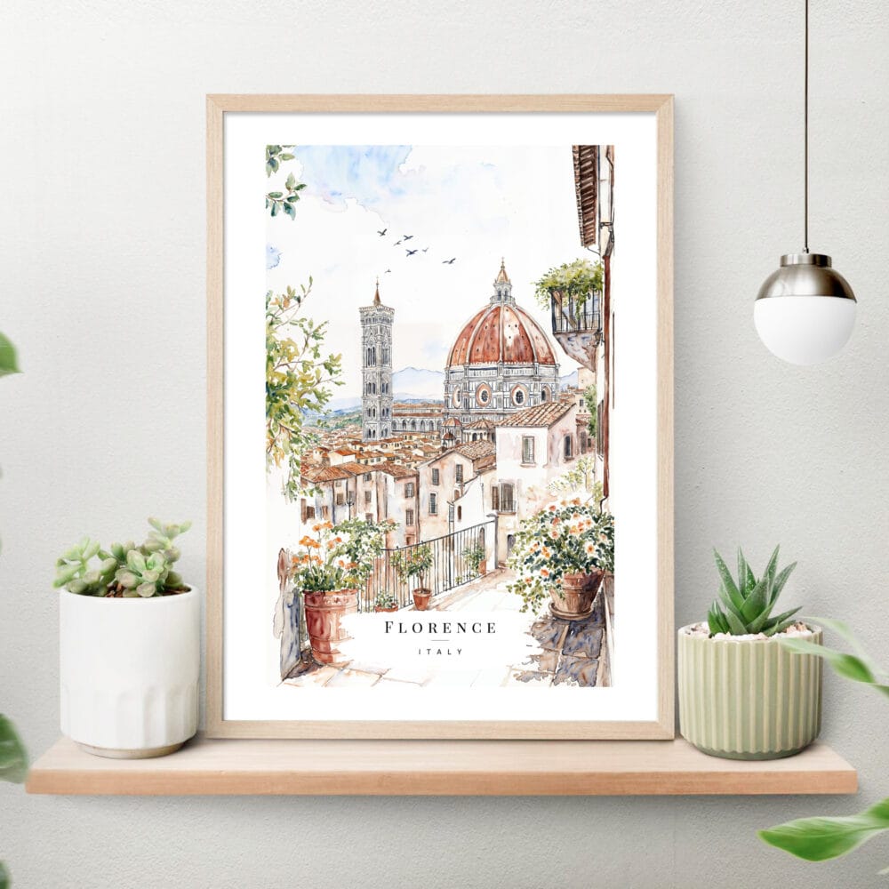 Florence Italy Watercolor Painting Art Print on shelf Florence Italy Watercolor Painting Art Print on shelf