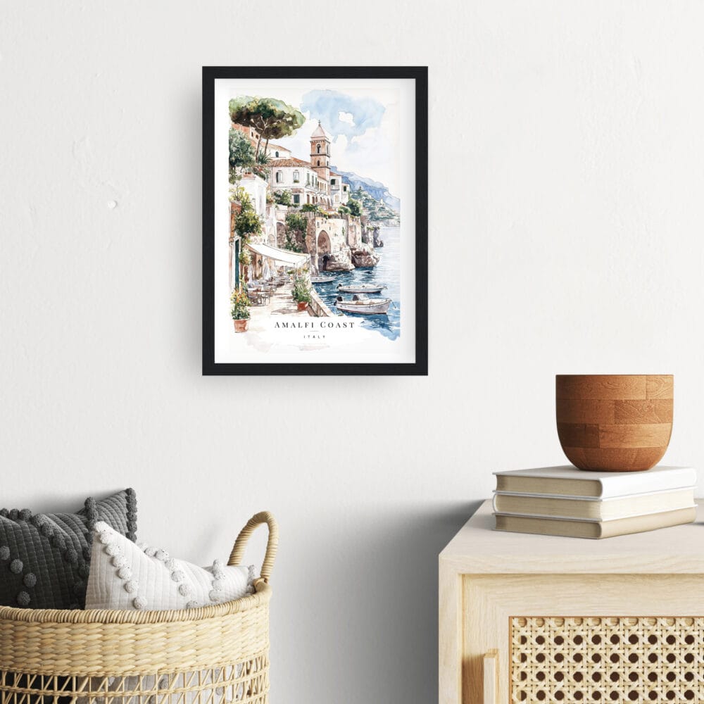 Framed Amalfi Coast Watercolor Wall Art - Hallway - Portrait Framed Amalfi Coast Watercolor Wall Art - Hallway - Portrait