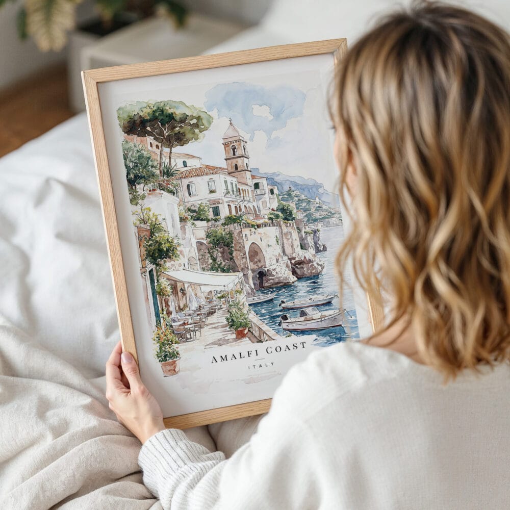 Framed Amalfi Coast Watercolor Wall Art - Woman Holding - Portrait Framed Amalfi Coast Watercolor Wall Art - Woman Holding - Portrait