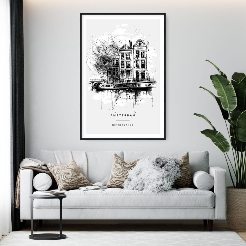 Framed Amsterdam Canal District Wall Art - Living Room - Portrait Framed Amsterdam Canal District Wall Art - Living Room - Portrait