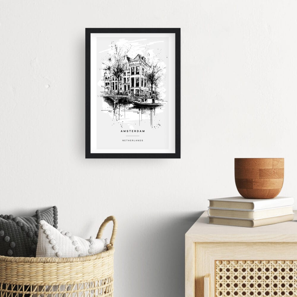 Framed Amsterdam Canal Line Drawing Wall Art - Hallway - Portrait Framed Amsterdam Canal Line Drawing Wall Art - Hallway - Portrait
