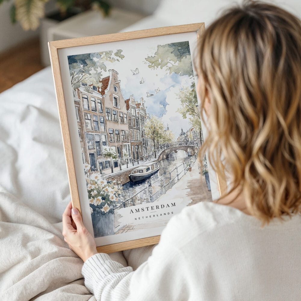 Framed Amsterdam GrachtenGordel Watercolor Wall Art - Woman Holding - Portrait Framed Amsterdam GrachtenGordel Watercolor Wall Art - Woman Holding - Portrait