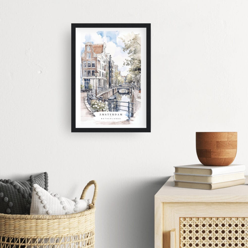 Framed Amsterdam Watercolor Wall Art - Hallway - Portrait Framed Amsterdam Watercolor Wall Art - Hallway - Portrait