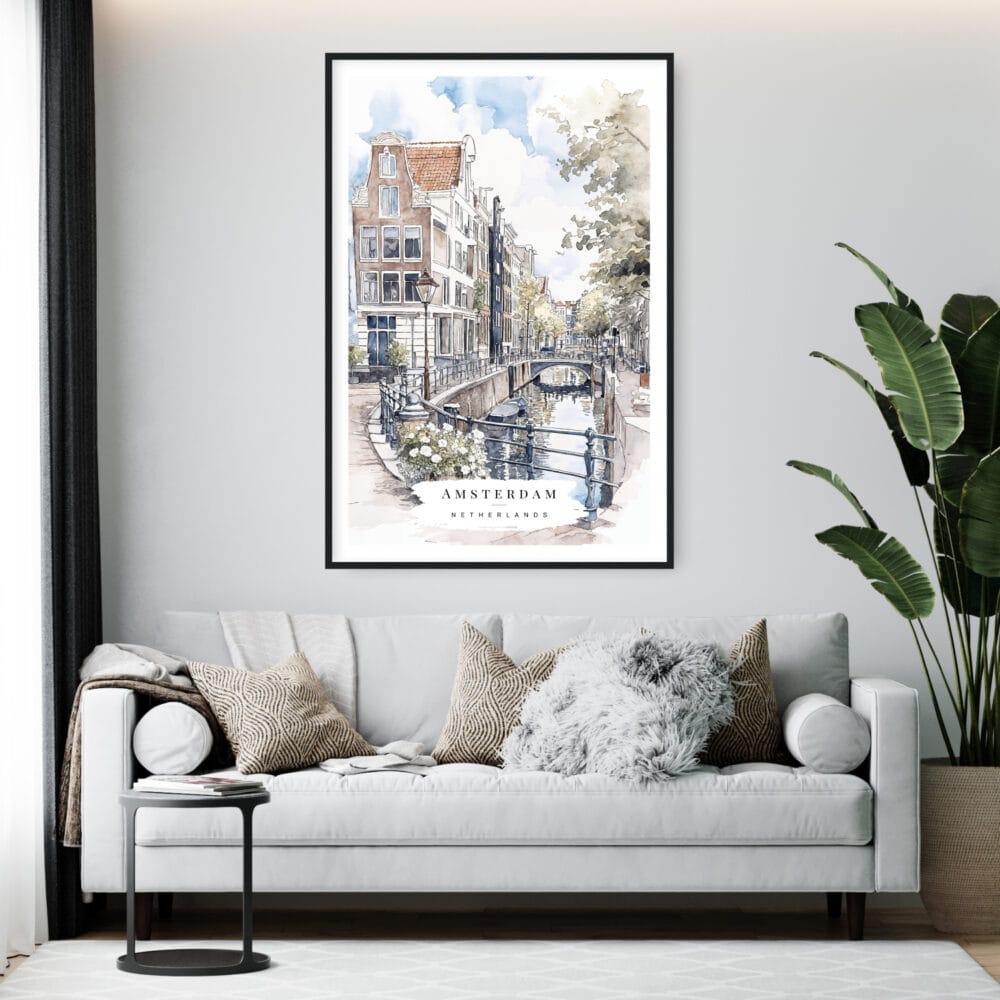 Framed Amsterdam Watercolor Wall Art - Living Room - Portrait Framed Amsterdam Watercolor Wall Art - Living Room - Portrait