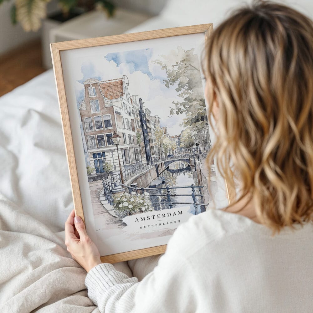 Framed Amsterdam Watercolor Wall Art - Woman Holding - Portrait Framed Amsterdam Watercolor Wall Art - Woman Holding - Portrait