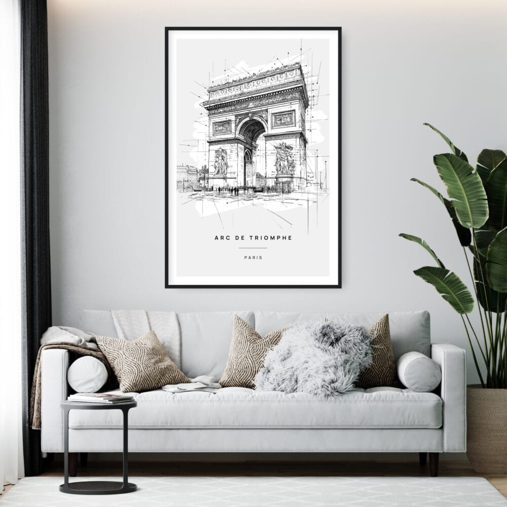 Framed Arc De Triomphe Line Drawing Wall Art - Living Room - Portrait Framed Arc De Triomphe Line Drawing Wall Art - Living Room - Portrait
