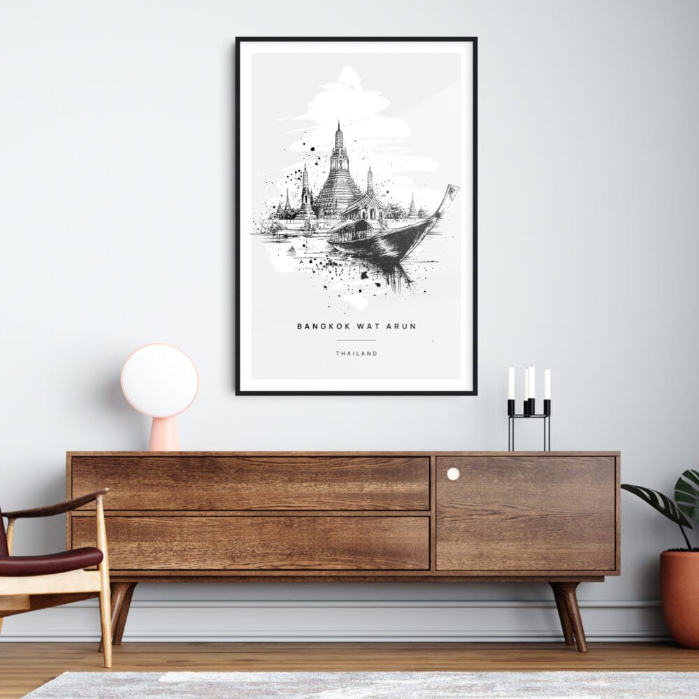 Framed Bangkok Wat Arun Temple Line Drawing Wall Art Home Decor - Portrait - Dark Framed Bangkok Wat Arun Temple Line Drawing Wall Art Home Decor - Portrait - Dark