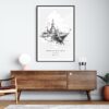Framed Bangkok Wat Arun Temple Line Drawing Wall Art Home Decor - Portrait - Dark
