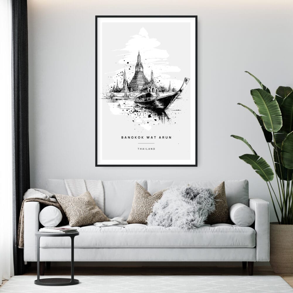 Framed Bangkok Wat Arun Temple Line Drawing Wall Art - Living Room - Portrait Framed Bangkok Wat Arun Temple Line Drawing Wall Art - Living Room - Portrait