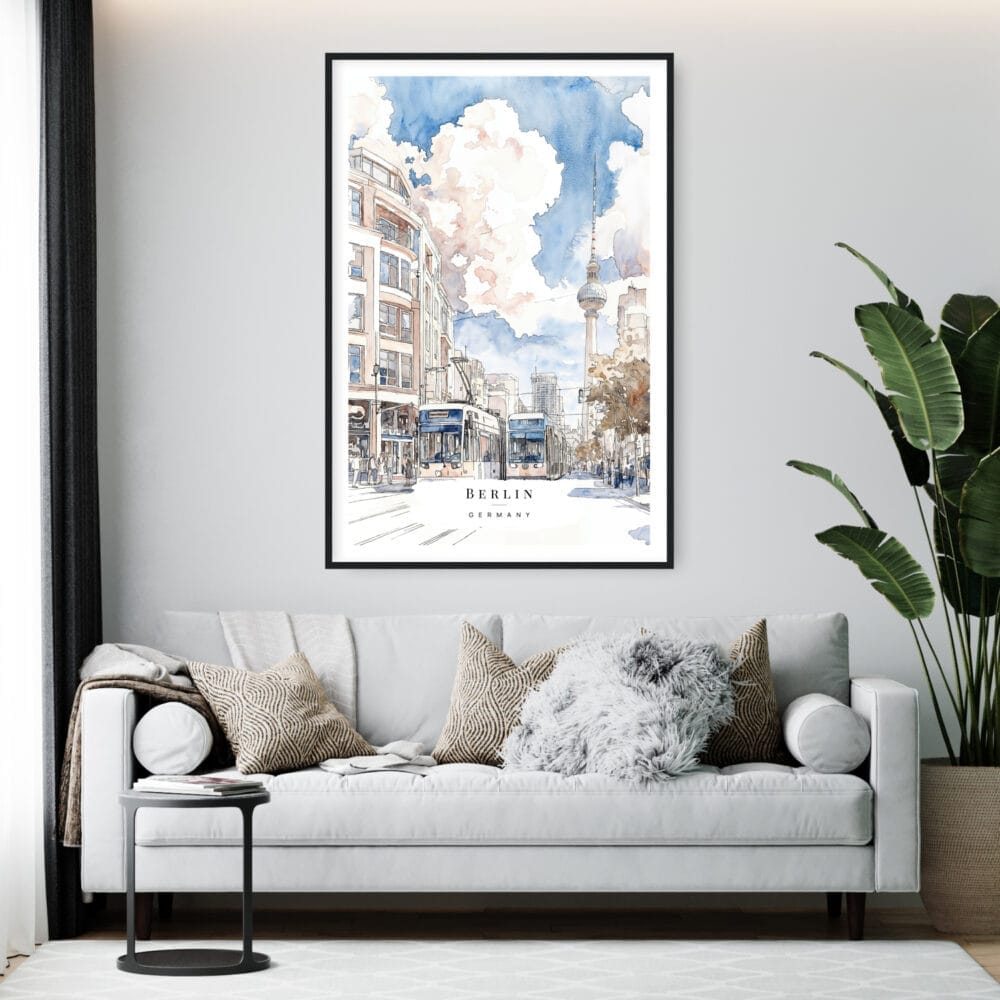 Framed Berlin Watercolor Painting Wall Art - Living Room - Portrait Framed Berlin Watercolor Painting Wall Art - Living Room - Portrait