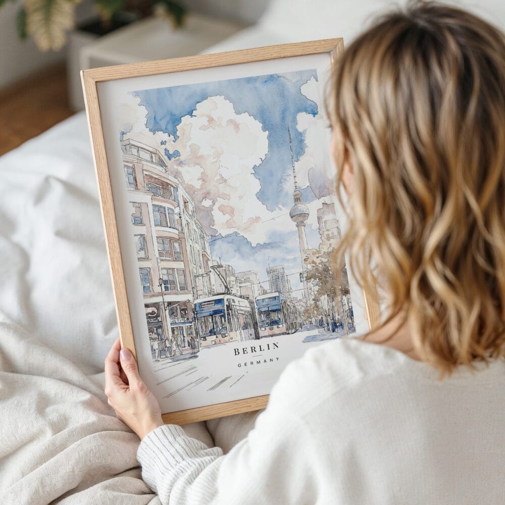 Framed Berlin Watercolor Painting Wall Art - Woman Holding - Portrait Framed Berlin Watercolor Painting Wall Art - Woman Holding - Portrait