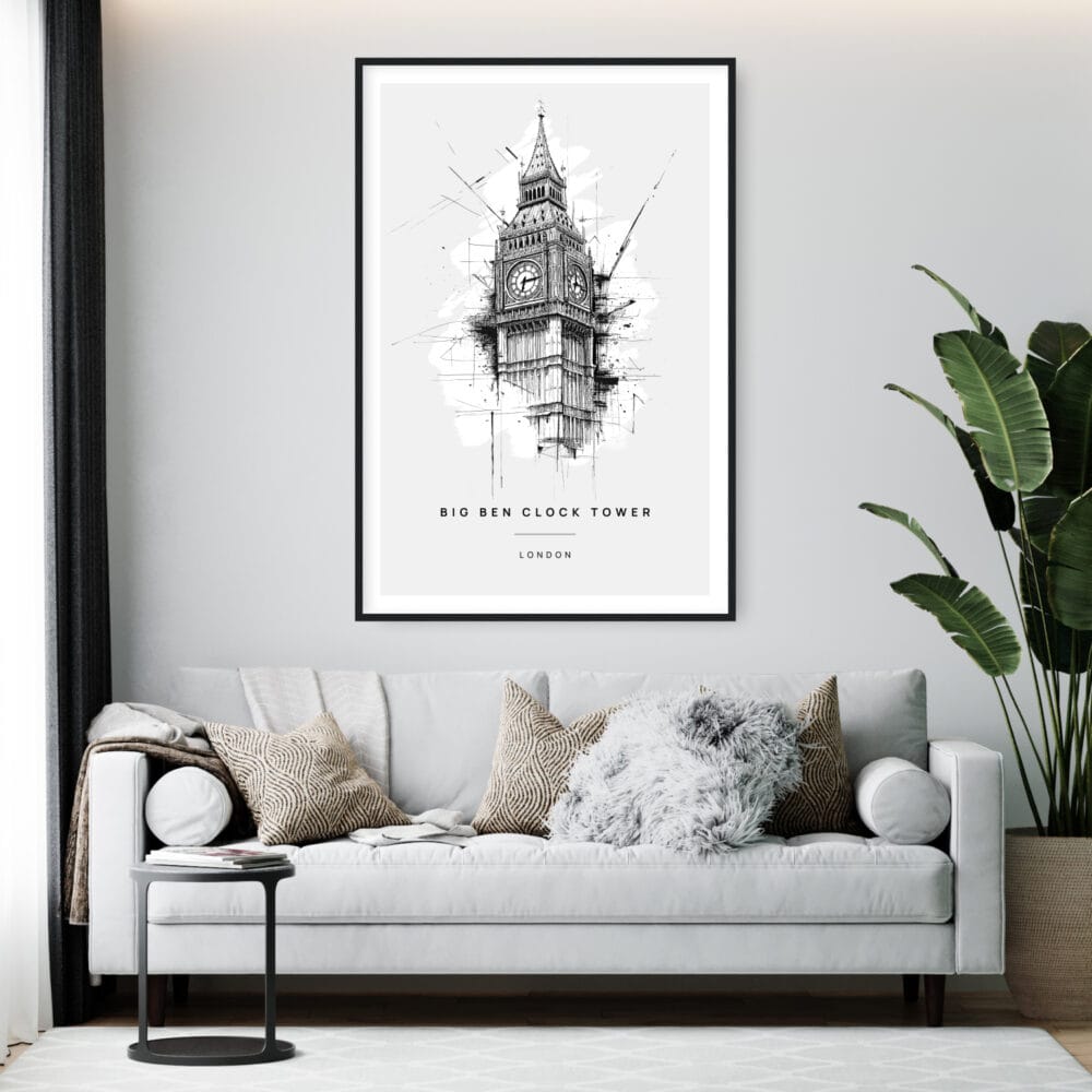 Framed Big Ben Clock Line Drawing Wall Art - Living Room - Portrait Framed Big Ben Clock Line Drawing Wall Art - Living Room - Portrait