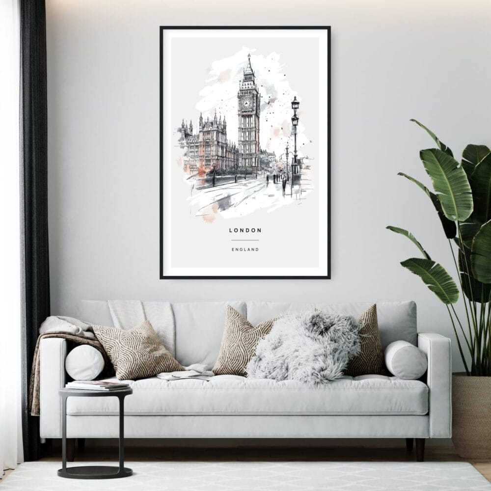 Framed Big Ben Clock Tower Sketch Wall Art - Living Room - Portrait Framed Big Ben Clock Tower Sketch Wall Art - Living Room - Portrait