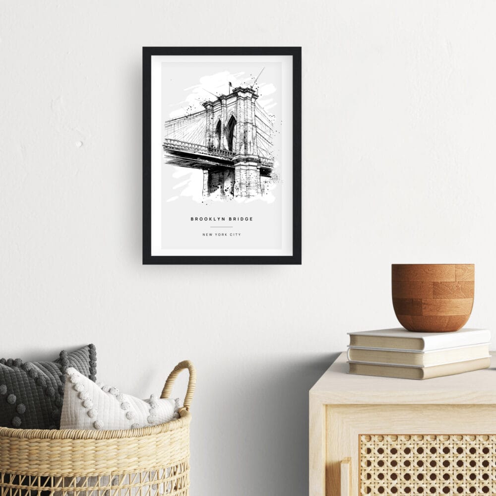 Framed Brooklyn Bridge Line Drawing Wall Art - Hallway - Portrait Framed Brooklyn Bridge Line Drawing Wall Art - Hallway - Portrait