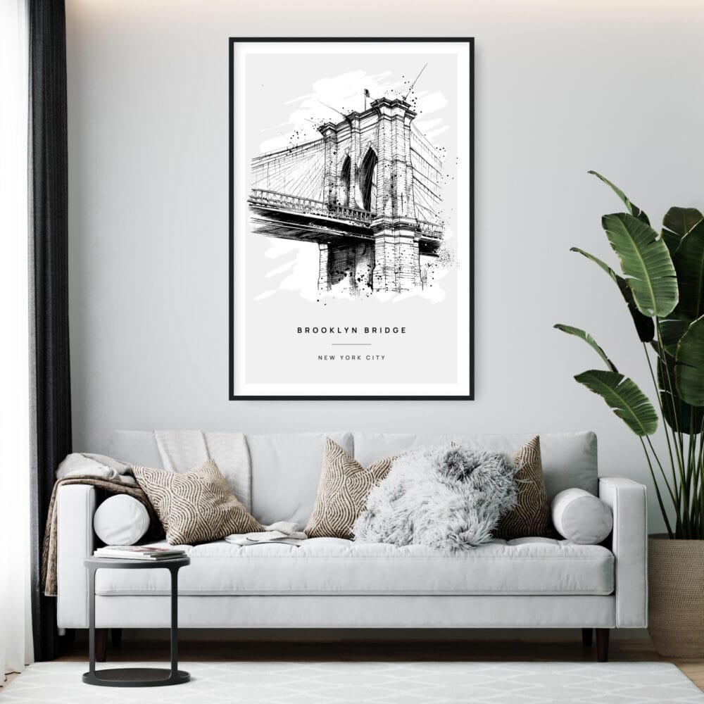 Framed Brooklyn Bridge Line Drawing Wall Art - Living Room - Portrait Framed Brooklyn Bridge Line Drawing Wall Art - Living Room - Portrait