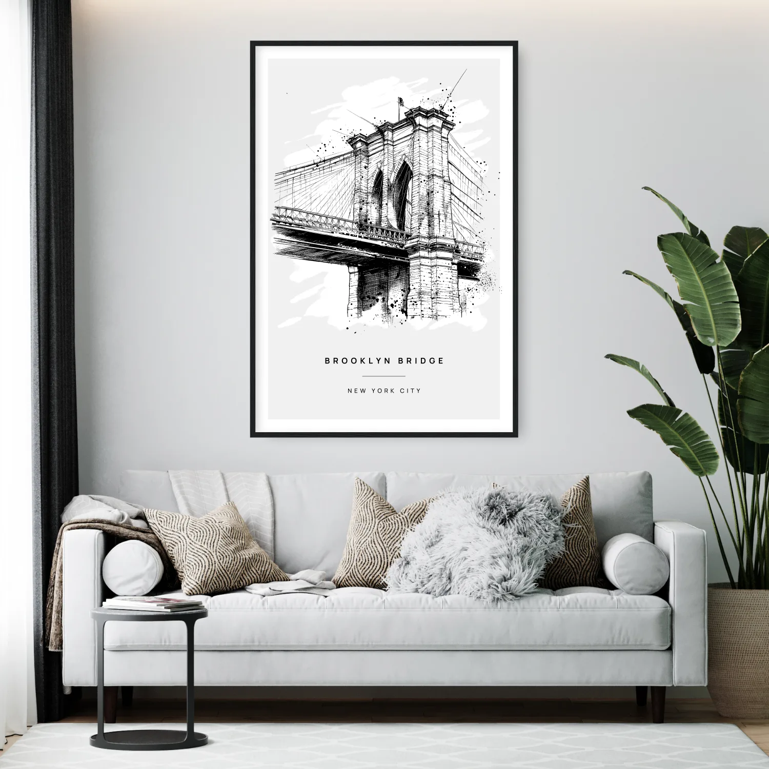 Framed Brooklyn Bridge Line Drawing Wall Art Living Room Portrait