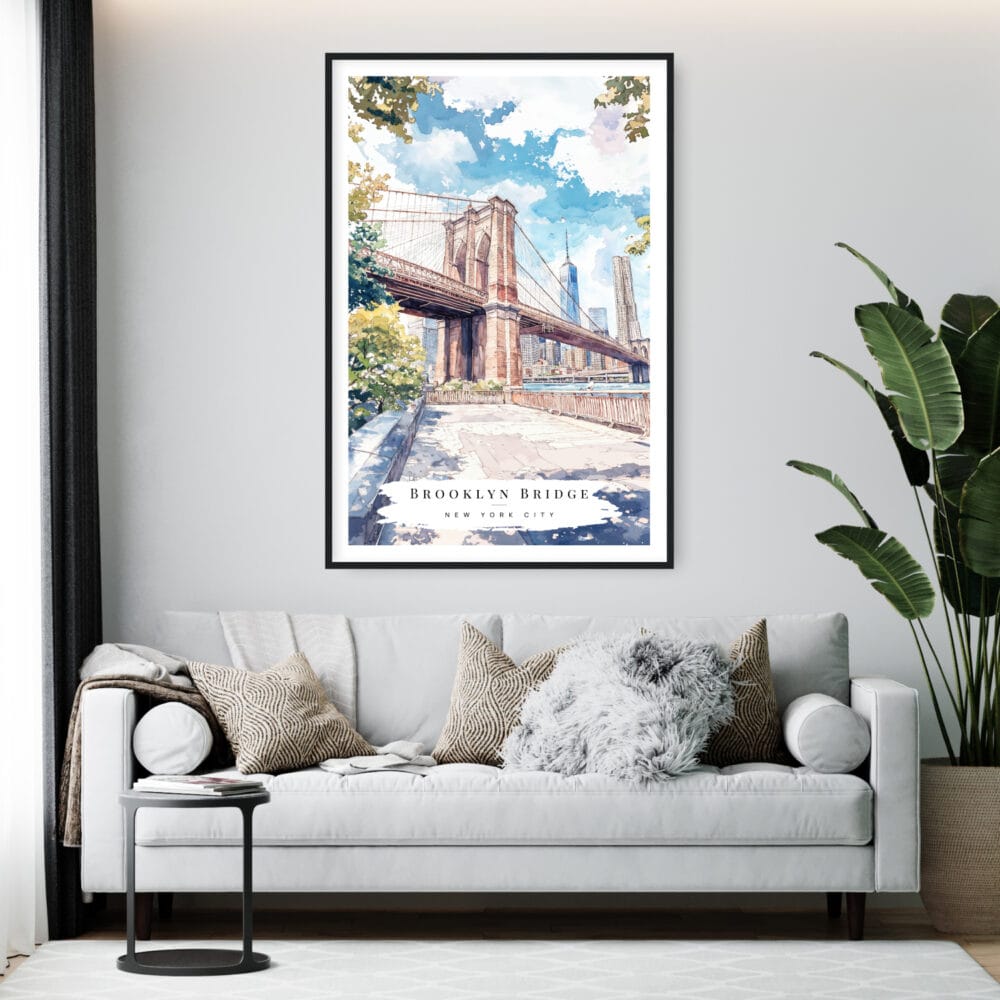 Framed Brooklyn Bridge Watercolor Wall Art - Living Room - Portrait Framed Brooklyn Bridge Watercolor Wall Art - Living Room - Portrait