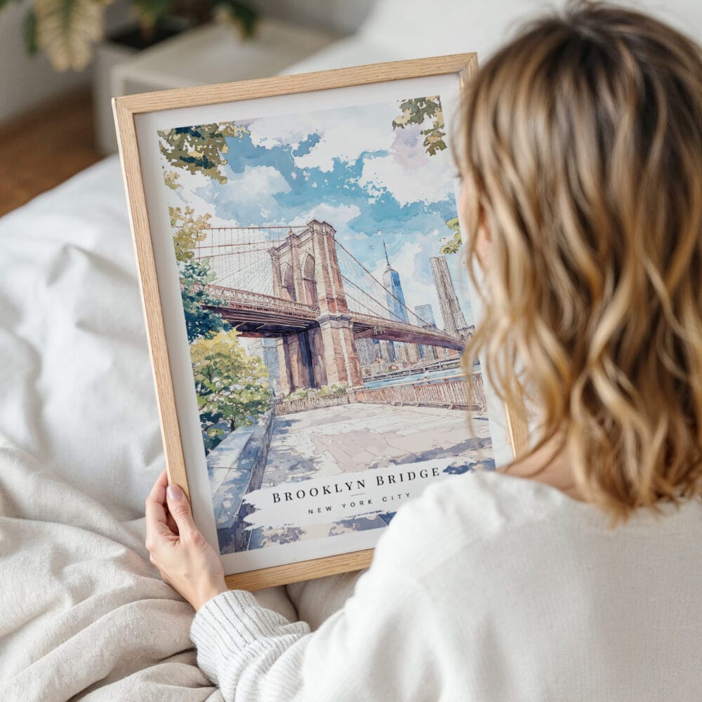 Framed Brooklyn Bridge Watercolor Wall Art - Woman Holding - Portrait Framed Brooklyn Bridge Watercolor Wall Art - Woman Holding - Portrait