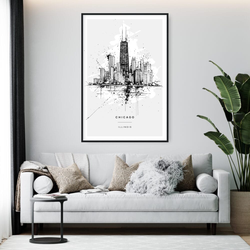 Framed Chicago Line Drawing Wall Art - Living Room - Portrait Framed Chicago Line Drawing Wall Art - Living Room - Portrait