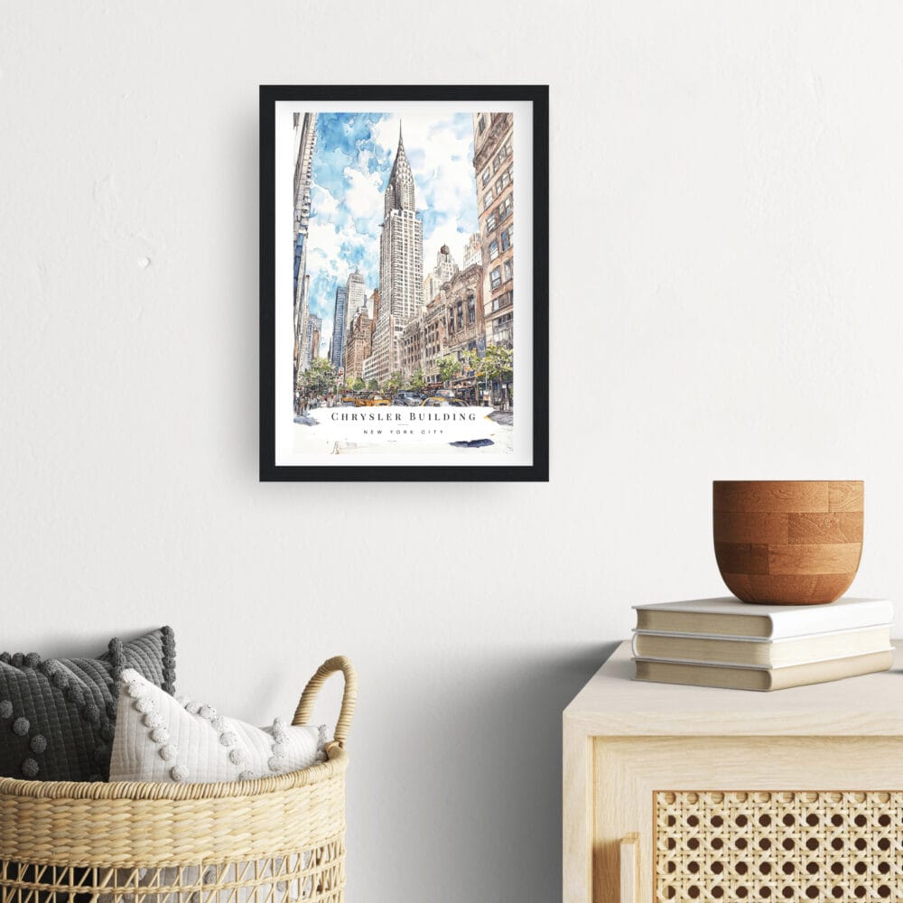 Framed Chrysler Building Watercolor Wall Art - Hallway - Portrait Framed Chrysler Building Watercolor Wall Art - Hallway - Portrait