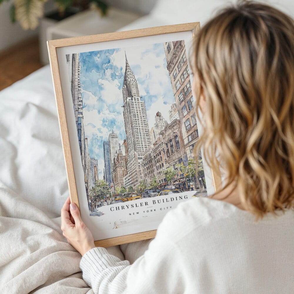 Framed Chrysler Building Watercolor Wall Art - Woman Holding - Portrait Framed Chrysler Building Watercolor Wall Art - Woman Holding - Portrait