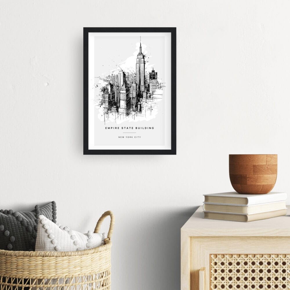 Framed Empire State Building Line Drawing Wall Art - Hallway - Portrait Framed Empire State Building Line Drawing Wall Art - Hallway - Portrait