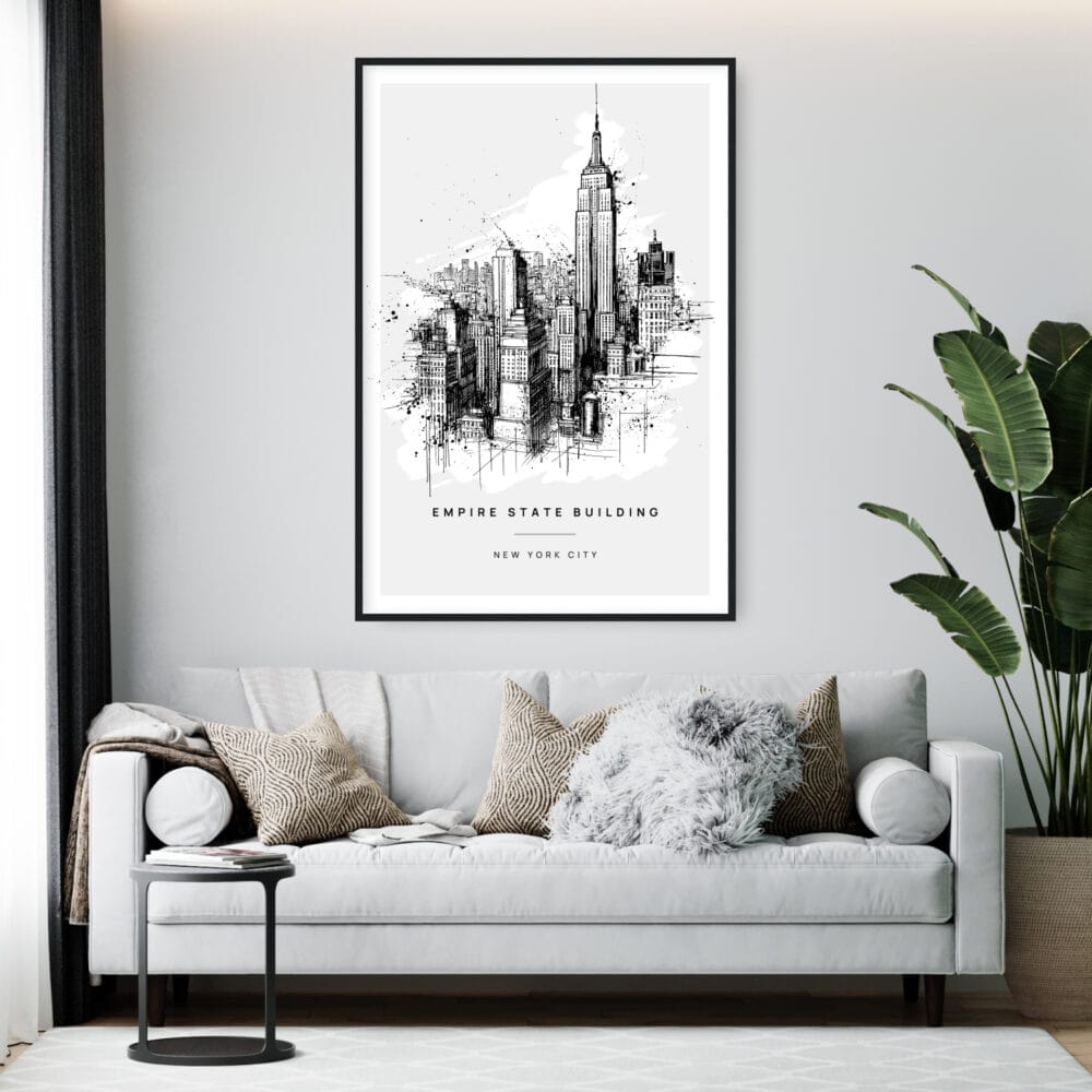 Framed Empire State Building Line Drawing Wall Art - Living Room - Portrait Framed Empire State Building Line Drawing Wall Art - Living Room - Portrait