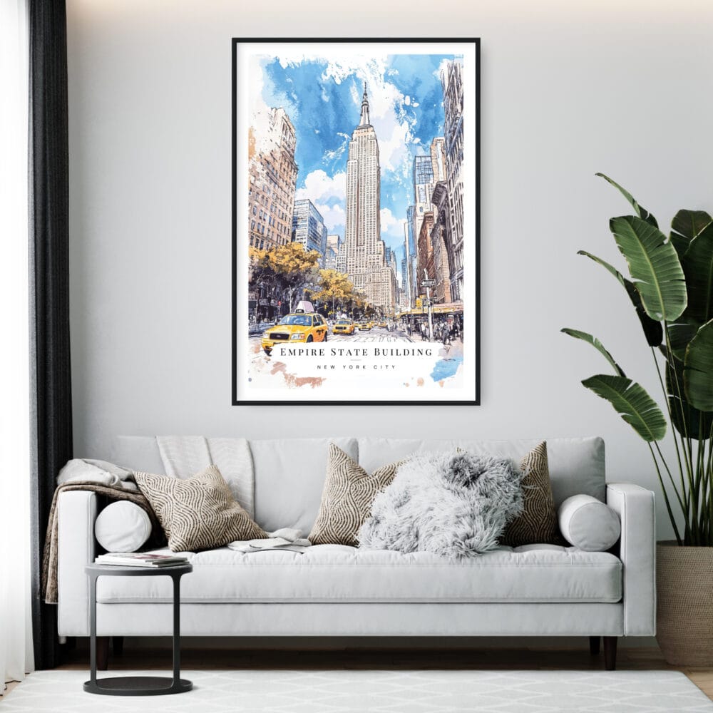 Framed Empire State Building Watercolor Wall Art - Living Room - Portrait Framed Empire State Building Watercolor Wall Art - Living Room - Portrait