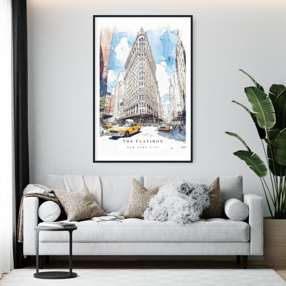 Framed Flatiron Building Watercolor Wall Art - Living Room - Portrait Framed Flatiron Building Watercolor Wall Art - Living Room - Portrait
