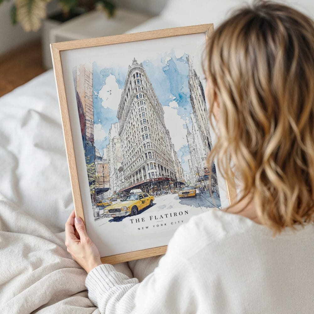 Framed Flatiron Building Watercolor Wall Art - Woman Holding - Portrait Framed Flatiron Building Watercolor Wall Art - Woman Holding - Portrait