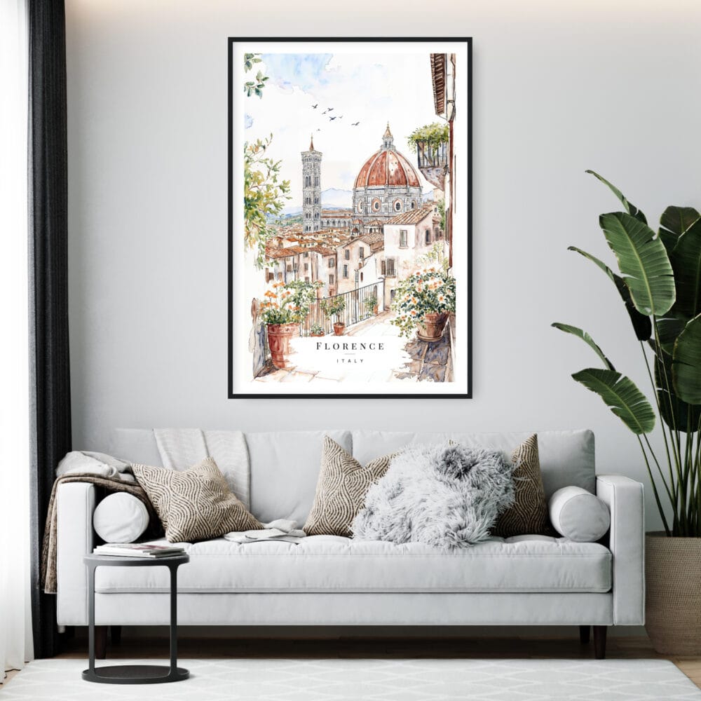 Framed Florence Italy Watercolor Painting Wall Art - Living Room - Portrait Framed Florence Italy Watercolor Painting Wall Art - Living Room - Portrait