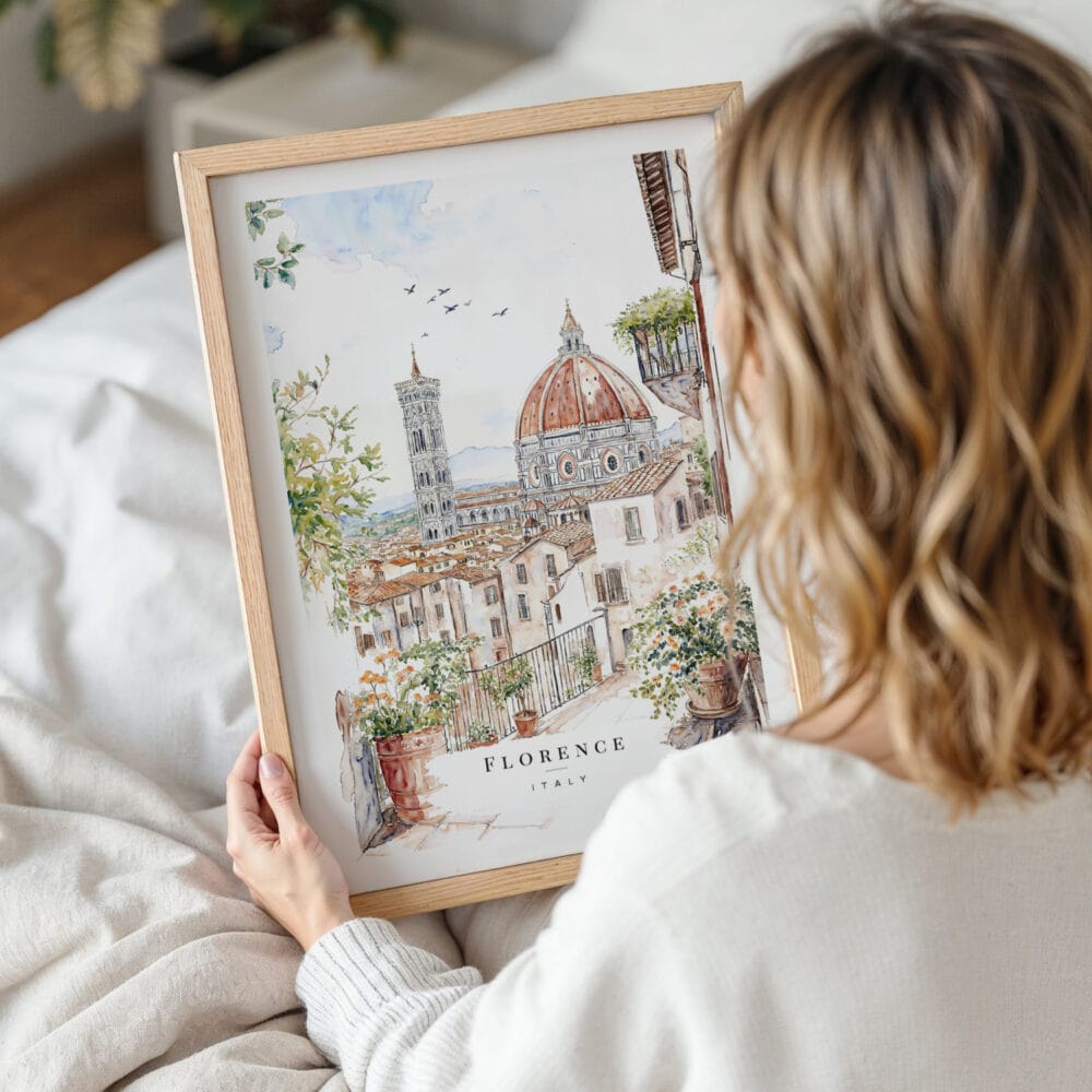 Framed Florence Italy Watercolor Painting Wall Art - Woman Holding - Portrait Framed Florence Italy Watercolor Painting Wall Art - Woman Holding - Portrait