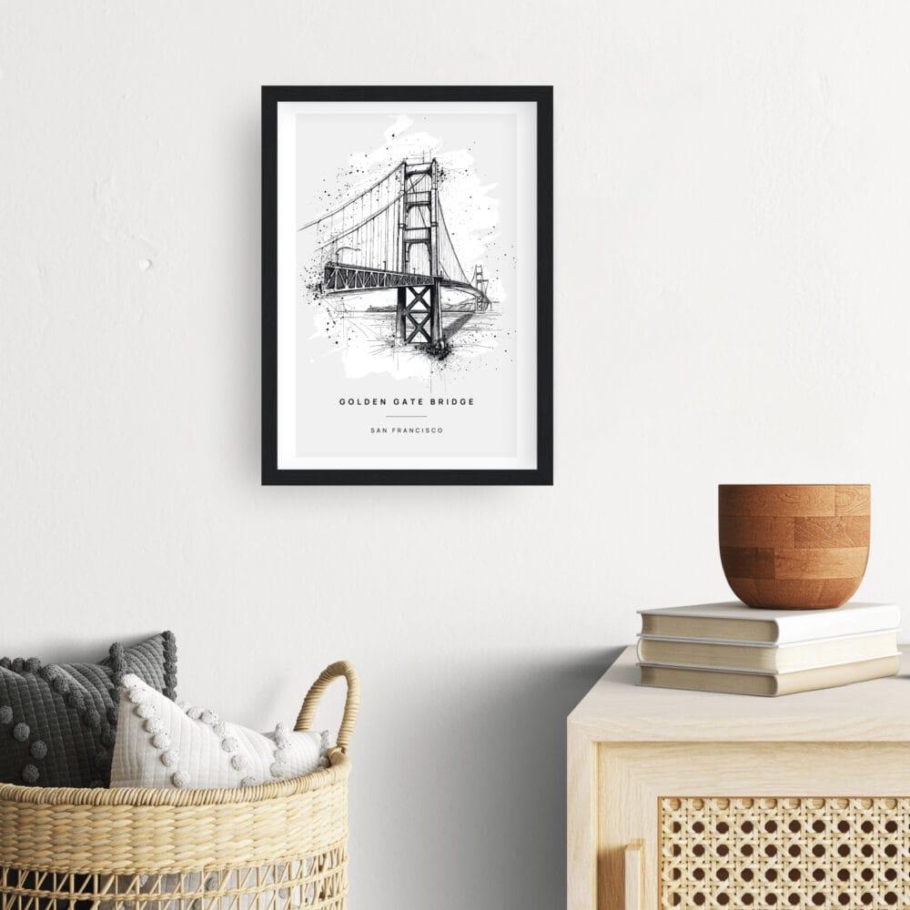 Framed Golden Gate Bridge Pencil Drawing Wall Art - Hallway - Portrait Framed Golden Gate Bridge Pencil Drawing Wall Art - Hallway - Portrait