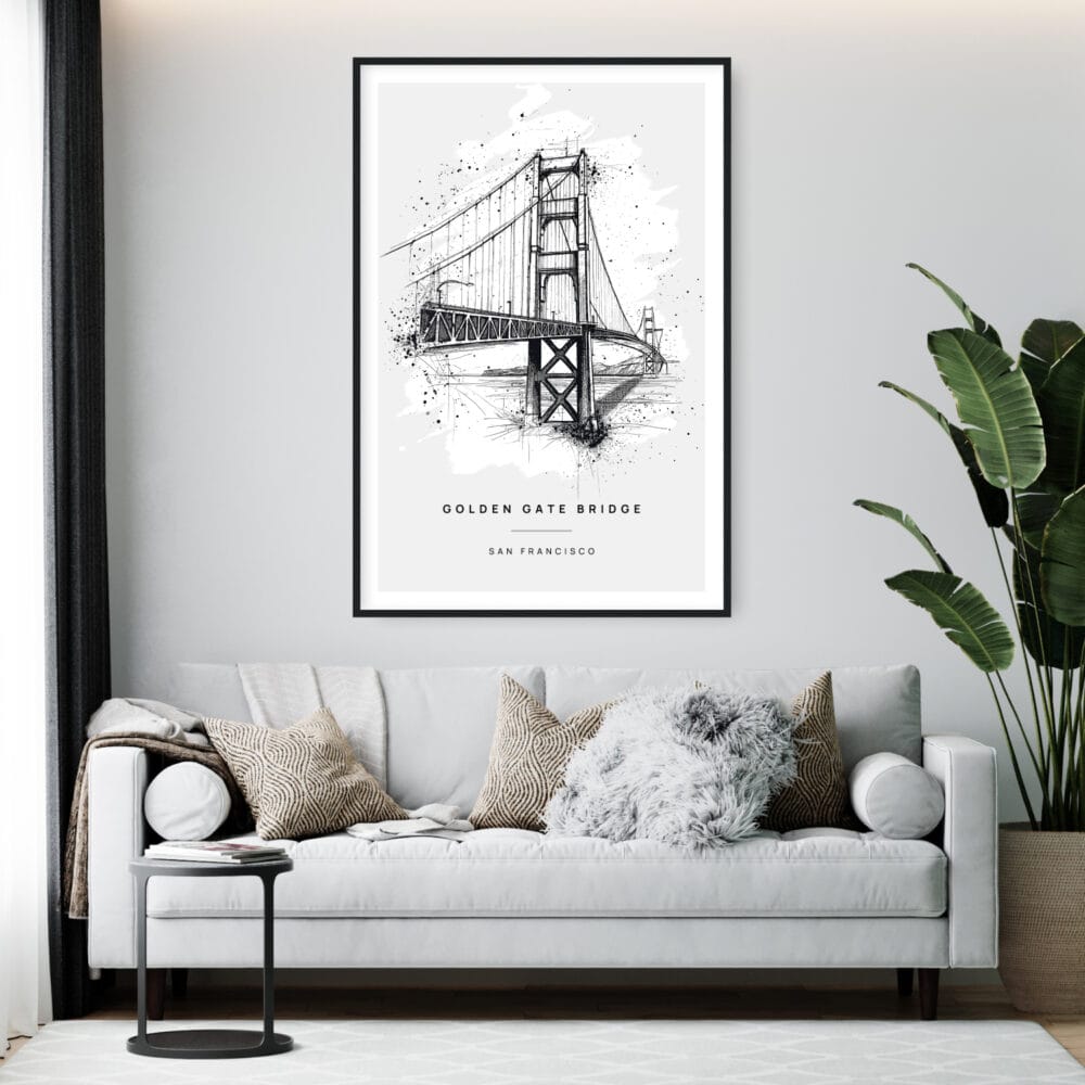 Framed Golden Gate Bridge Pencil Drawing Wall Art - Living Room - Portrait Framed Golden Gate Bridge Pencil Drawing Wall Art - Living Room - Portrait