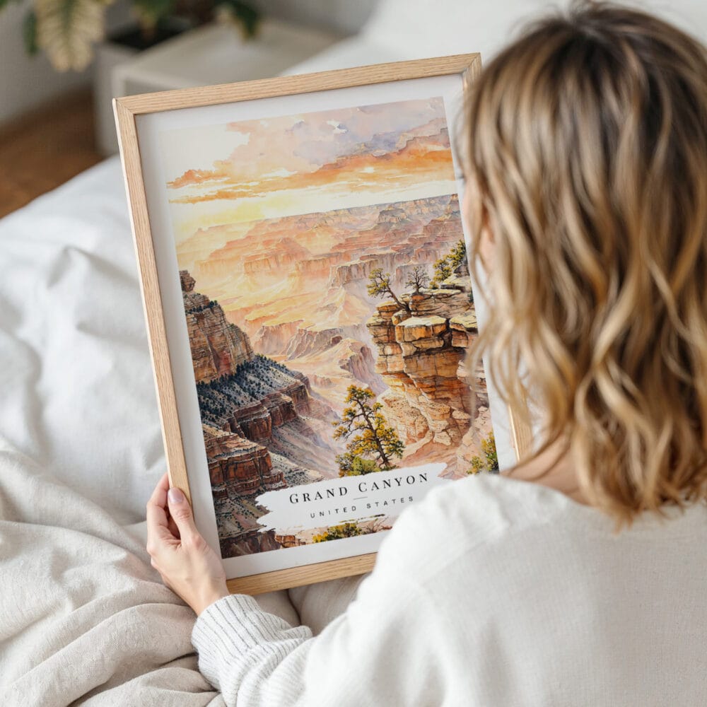 Framed Grand Canyon Watercolor Wall Art - Woman Holding - Portrait Framed Grand Canyon Watercolor Wall Art - Woman Holding - Portrait