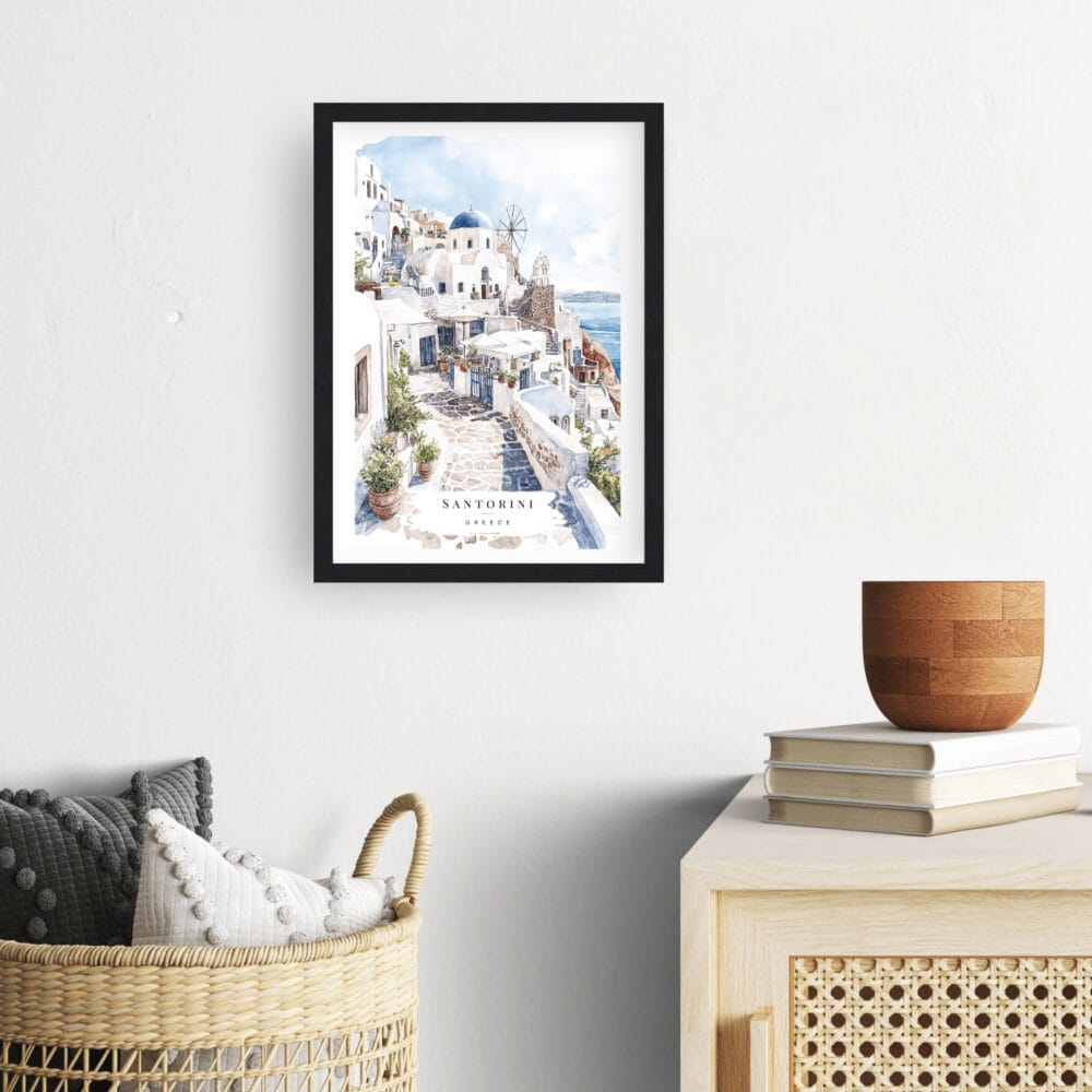 Framed Greece Santorini Watercolor Painting Wall Art - Hallway - Portrait Framed Greece Santorini Watercolor Painting Wall Art - Hallway - Portrait