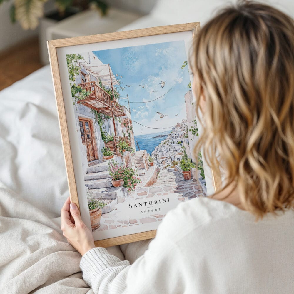 Framed Greece Santorini Watercolor Painting Wall Art - Woman Holding - Portrait Framed Greece Santorini Watercolor Painting Wall Art - Woman Holding - Portrait