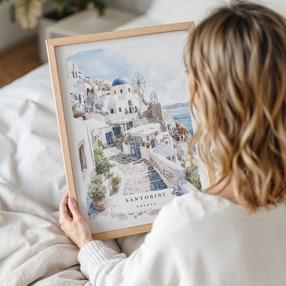 Framed Greece Santorini Watercolor Painting Wall Art - Woman Holding - Portrait Framed Greece Santorini Watercolor Painting Wall Art - Woman Holding - Portrait