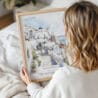 Framed Greece Santorini Watercolor Painting Wall Art - Woman Holding - Portrait