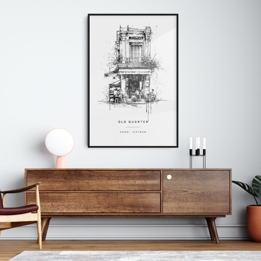 Framed Hanoi Old Quarter Line Drawing Wall Art Home Decor - Portrait Framed Hanoi Old Quarter Line Drawing Wall Art Home Decor - Portrait